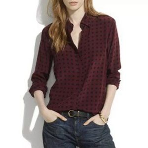 Madewell XS 100% silk square dot red burgundy black blouse top blouse button